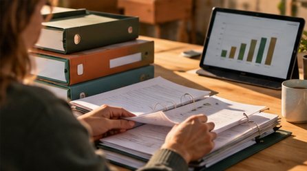 Hands organising printed records into folders beside a tablet showing a simple chart