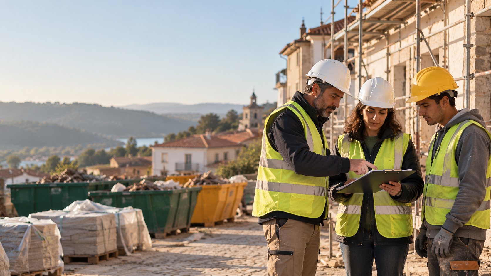 Three people reviewing a checklist at a building renovation site