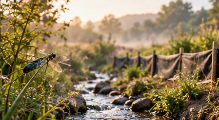 A clean stream protected by a silt fence and native plants